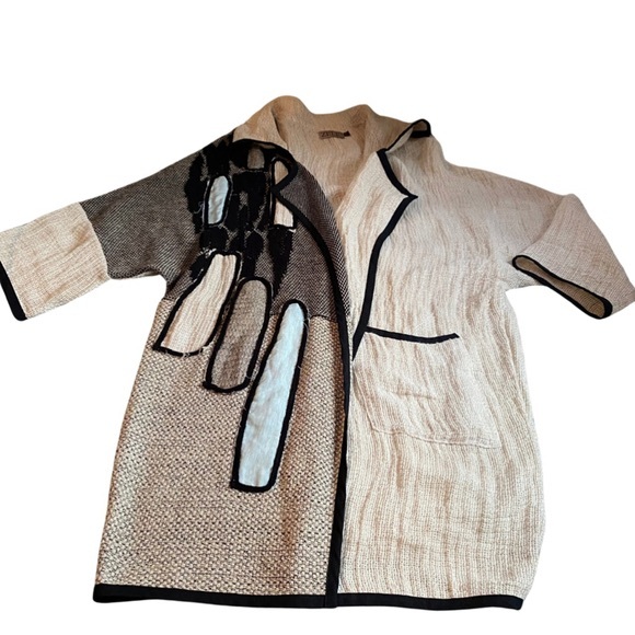 Zele Boho Oversized Cardigan L Beige Black Blue 100% Linen Lagenlook Patchwork - Picture 1 of 5